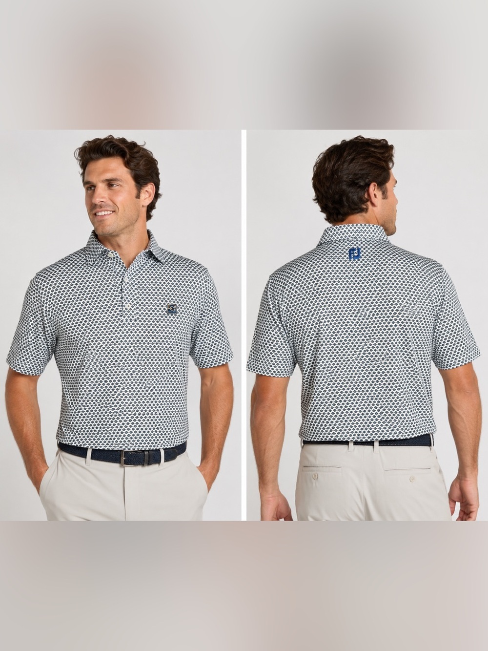FootJoy Men's Navy Blue Green Geometric Print Athletic Fit Polo Shirt M Medium